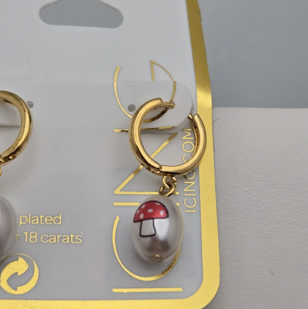 Icing Gold-Plated Mushroom Hoop Earrings w/ Faux Pearl Charms - Picture 4 of 7